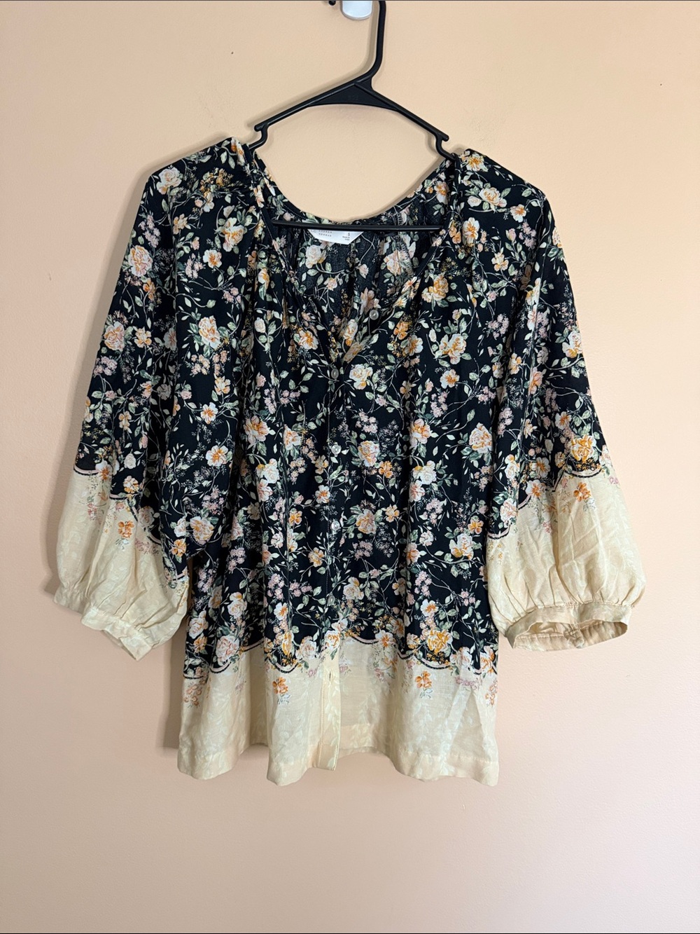 LC Lauren Conrad Black Floral Peasant Top with Cream Hem